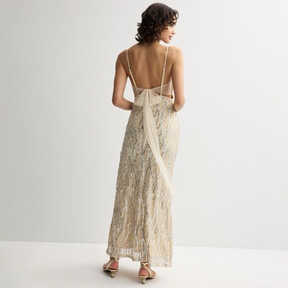 Jump Apparel Long Nude Sequin Dress Tulle Tie Back Junior Size 9/10 - Picture 2 of 10